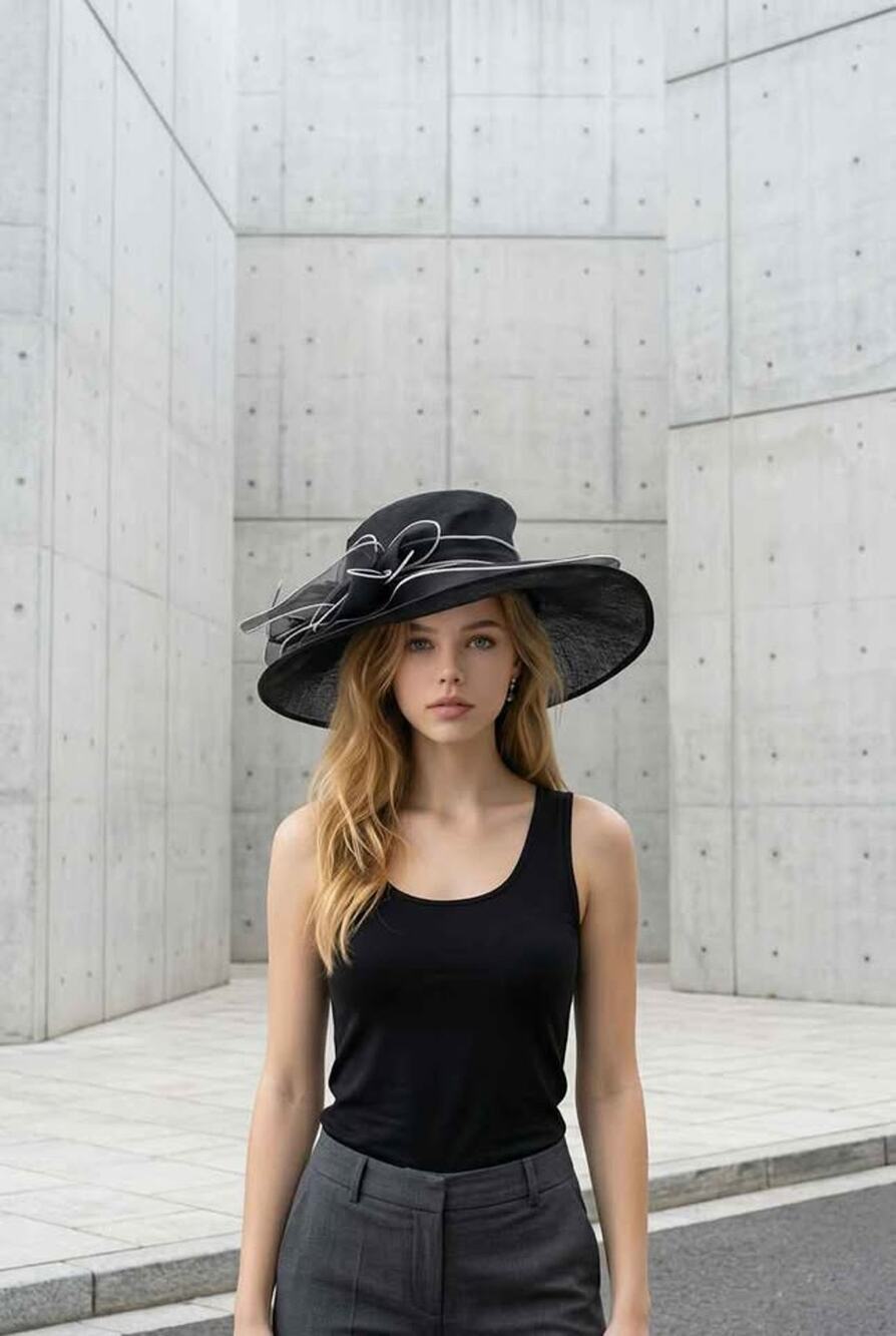 Black Wide Brim Kentucky Derby Church Hat with white Trim